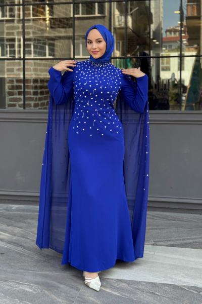 Defne Tesettür Abiye Saks Mavisi