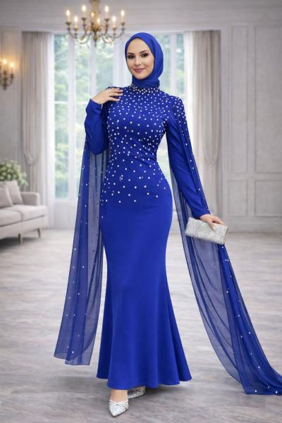 Defne Tesettür Abiye Saks Mavisi