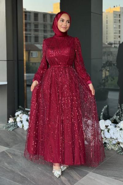 Asena Tesettür Abiye Bordo