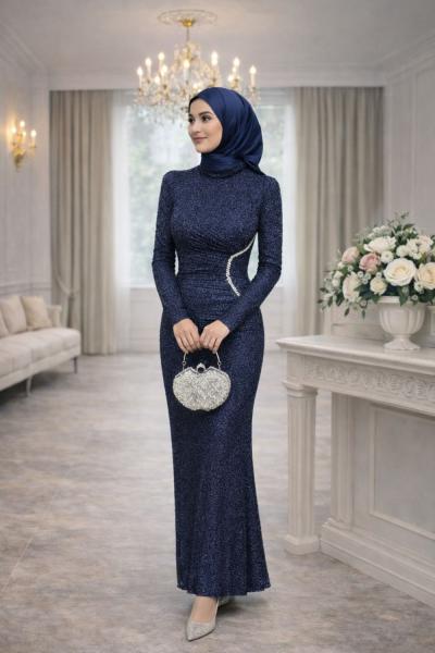 Lale Tesettür Abiye  Lacivert