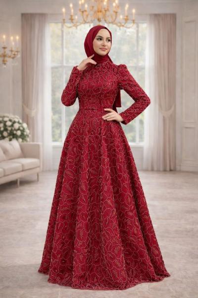 Simge Tesettür Abiye Bordo