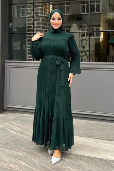 ŞEYDA ŞİFON PİLİSELİ ELBİSE Zümrüt