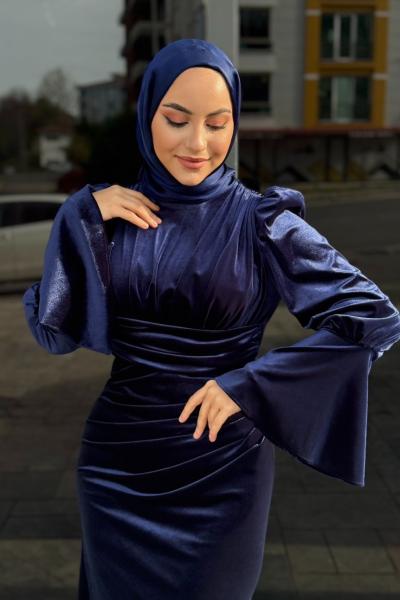 Karmen Kadife Tesettür Abiye Lacivert