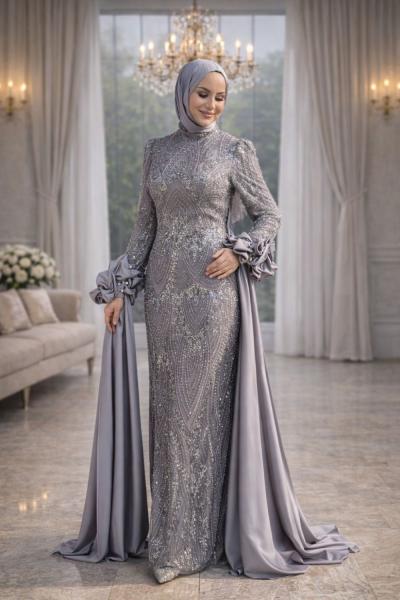 Nesibe Tesettür Abiye Gri