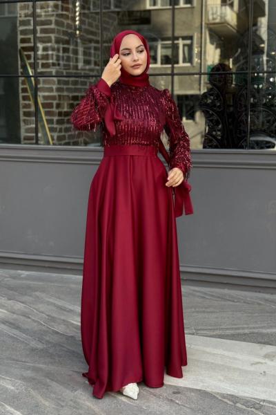 Dicle Tesettür Abiye Bordo
