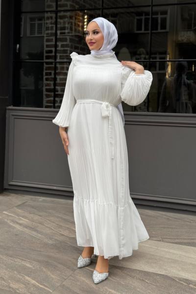 ŞEYDA ŞİFON PİLİSELİ ELBİSE Ekru