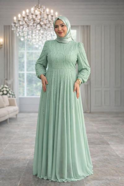 Elmas Tül Tesettür Abiye  Mint Yeşili