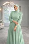 Elmas Tül Tesettür Abiye  Mint Yeşili