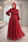 Elmas Tül Tesettür Abiye  Bordo
