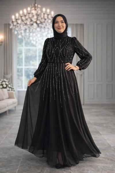Elmas Tül Tesettür Abiye  Siyah