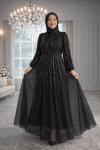 Elmas Tül Tesettür Abiye  Siyah