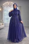 Elmas Tül Tesettür Abiye  Saks Mavisi