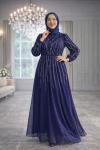 Elmas Tül Tesettür Abiye  Saks Mavisi
