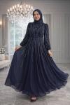 Elmas Tül Tesettür Abiye  Lacivert
