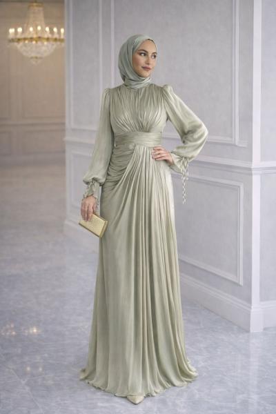Gümüş Tesettür Abiye Mint Yeşili