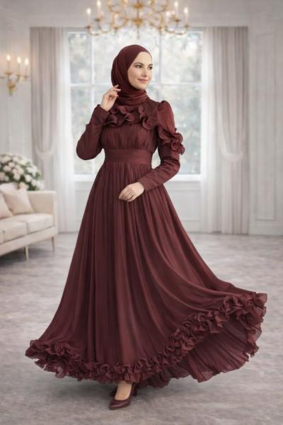 Adelina Tesettür Abiye Kahverengi