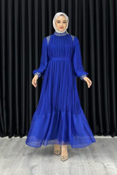 MELİS PLİSELİ TAŞLI ABİYE Saks Mavisi