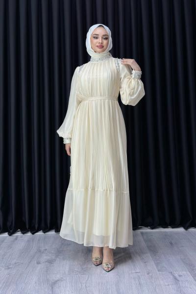 MELİS PLİSELİ TAŞLI ABİYE Ekru