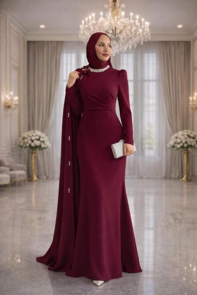 Serap Tesettür Abiye Bordo