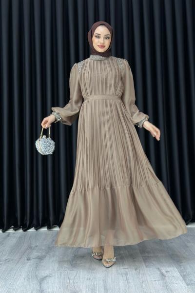 MELİS PLİSELİ TAŞLI ABİYE Vizon