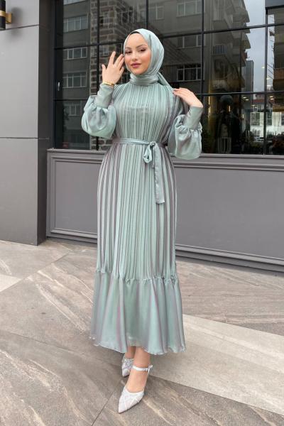 Ebru Piliseli Jan Jan Abiye Tesettür Mint Yeşili