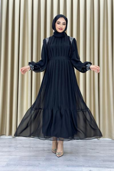 MELİS PLİSELİ TAŞLI ABİYE Siyah