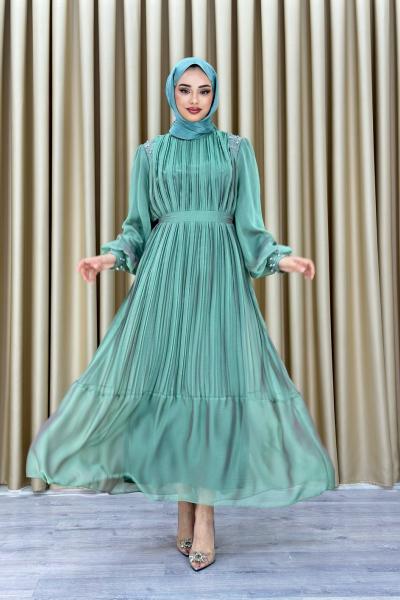 MELİS PLİSELİ TAŞLI ABİYE Mint Yeşili