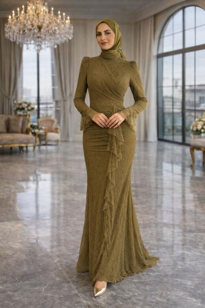 Esila Dantelli Tesettür Abiye Haki