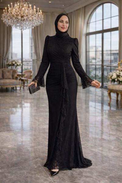 Esila Dantelli Tesettür Abiye Siyah