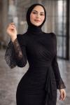Esila Dantelli Tesettür Abiye Siyah