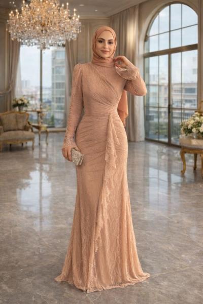 Esila Dantelli Tesettür Abiye Vizon