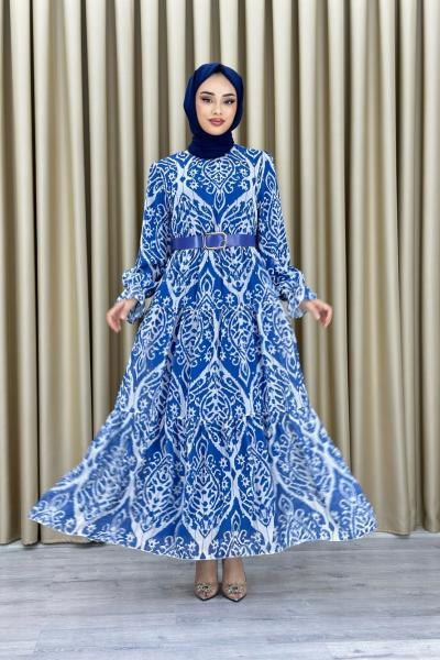 Dilek etnik desen elbise Mavi