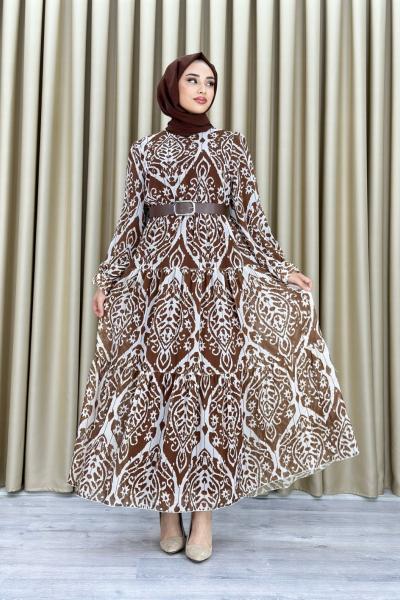 Dilek etnik desen elbise Kahverengi