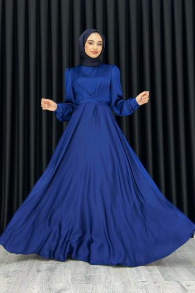 Ece Çapraz Saten Tesettür Abiye Lacivert