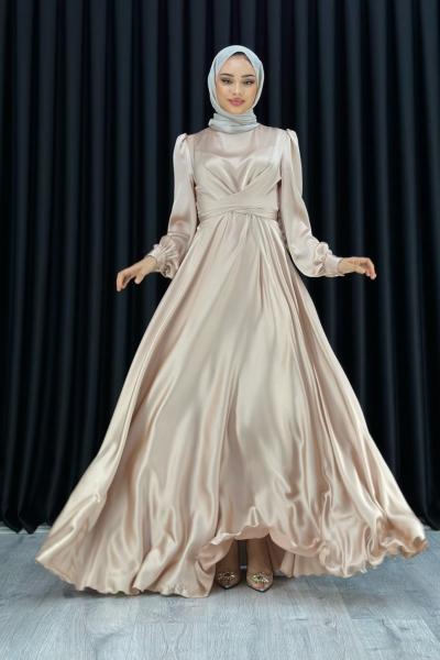 Ece Çapraz Saten Tesettür Abiye Bej