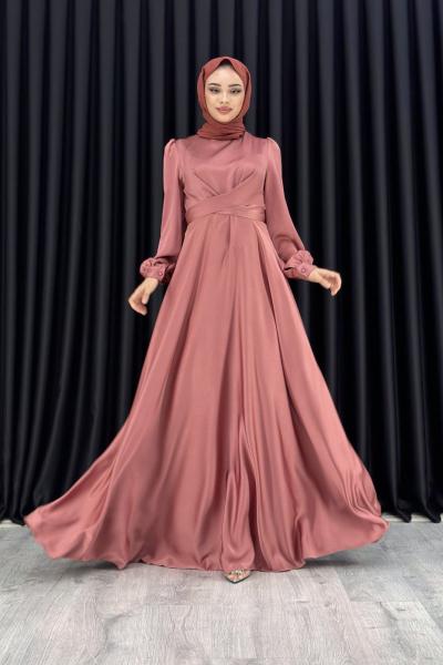 Ece Çapraz Saten Tesettür Abiye Nar