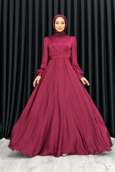 Ece Çapraz Saten Tesettür Abiye Bordo