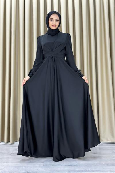 Ece Çapraz Saten Tesettür Abiye Siyah