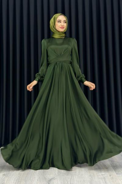 Ece Çapraz Saten Tesettür Abiye Haki