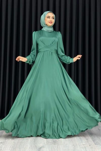 Ece Çapraz Saten Tesettür Abiye Mint Yeşili