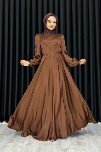 Ece Çapraz Saten Tesettür Abiye Kahverengi