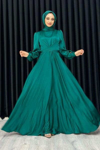 Ece Çapraz Saten Tesettür Abiye Zümrüt