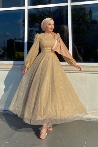 Ella Tesettür Simli Abiye Gold