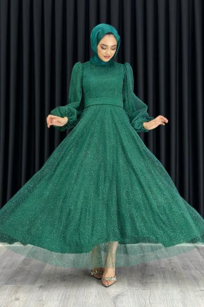 Ella Tesettür Simli Abiye Zümrüt