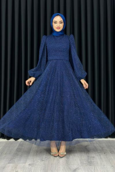 Ella Tesettür Simli Abiye Lacivert