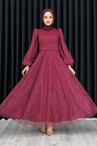 Ella Tesettür Simli Abiye Bordo