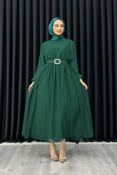 Betül Şifon Elbise Tesettür Zümrüt