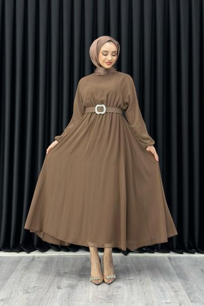 Betül Şifon Elbise Tesettür Sütlü Kahve