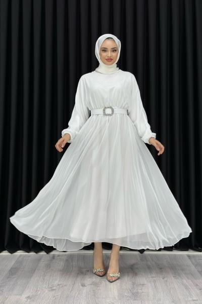 Betül Şifon Elbise Tesettür Beyaz