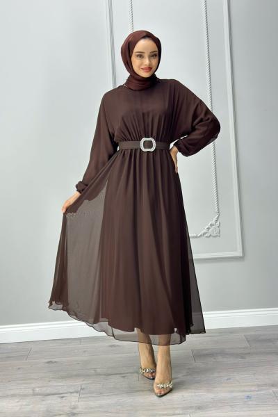 Betül Şifon Elbise Tesettür Acı Kahve